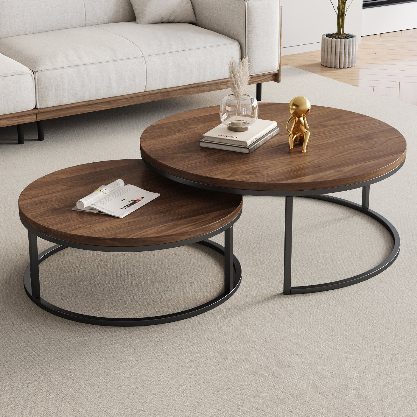 Lansdowne - Round Nesting Coffee Table Set Industrial Wood Top