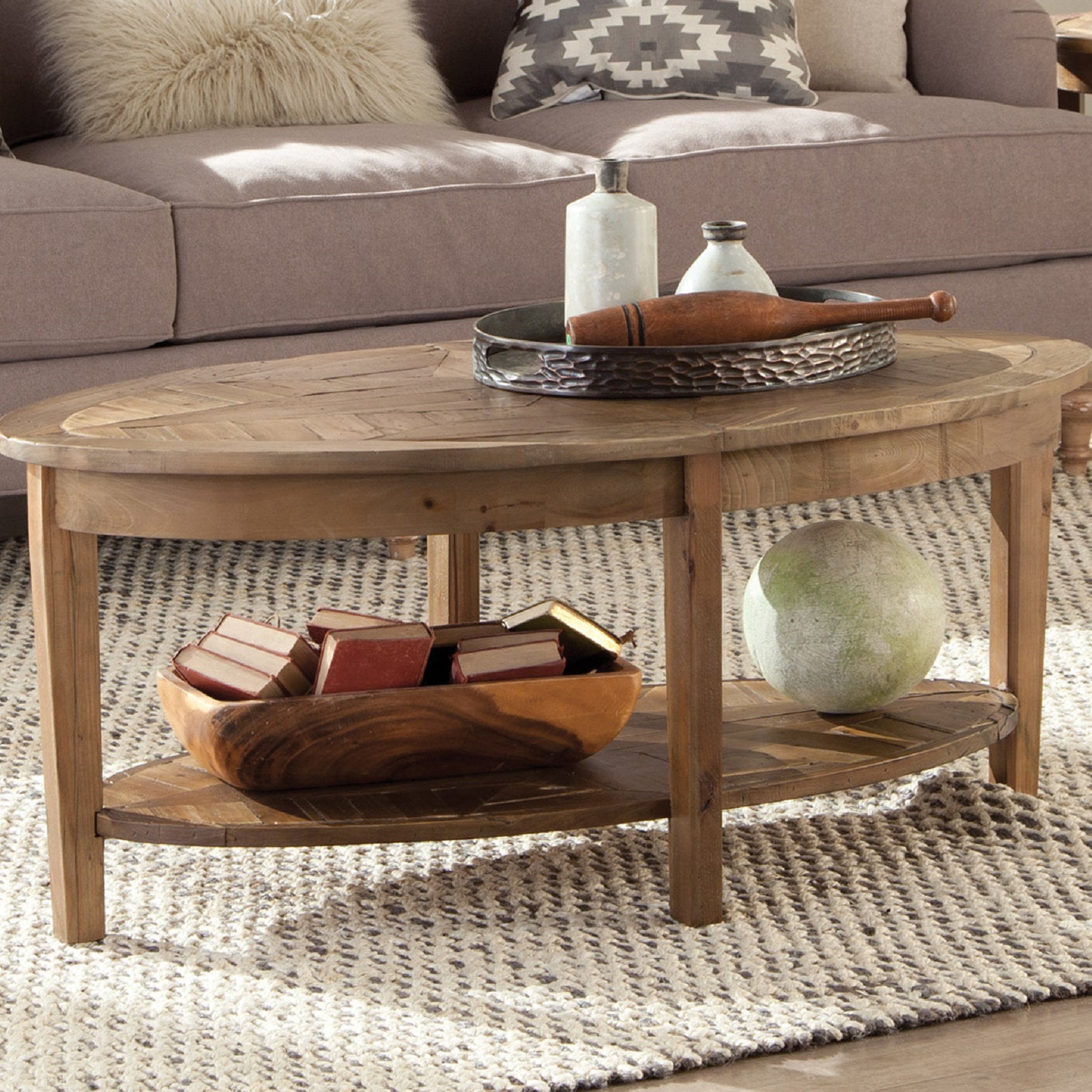 Mahkel - Oval Coffee Table Reclaimed Wood Rustic Industrial Living Room