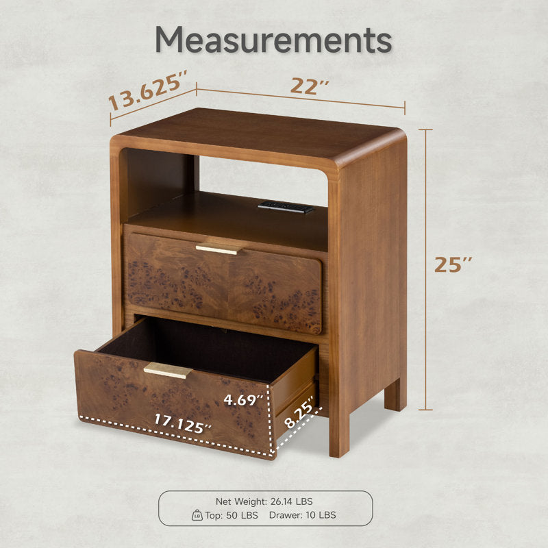 Manish - 2-Drawer Farmhouse Nightstand with USB Charging Station