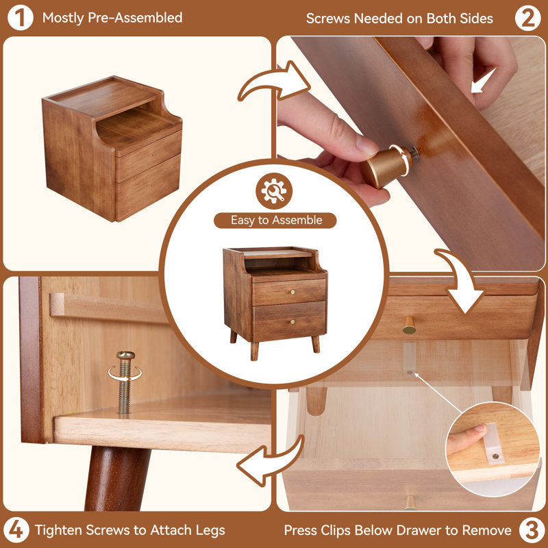 Arlo - Solid Wood Mid-Century Nightstand with Drawers & Sliding Shelf