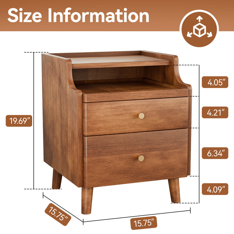 Arlo - Solid Wood Mid-Century Nightstand with Drawers & Sliding Shelf