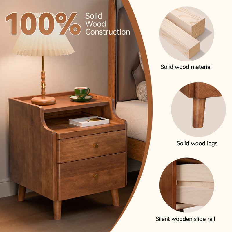 Arlo - Solid Wood Mid-Century Nightstand with Drawers & Sliding Shelf