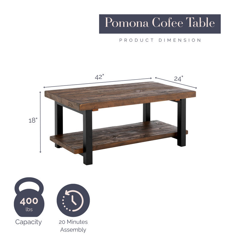 Pomona - 42" Solid Wood Coffee Table Rustic Pine Living Room Center