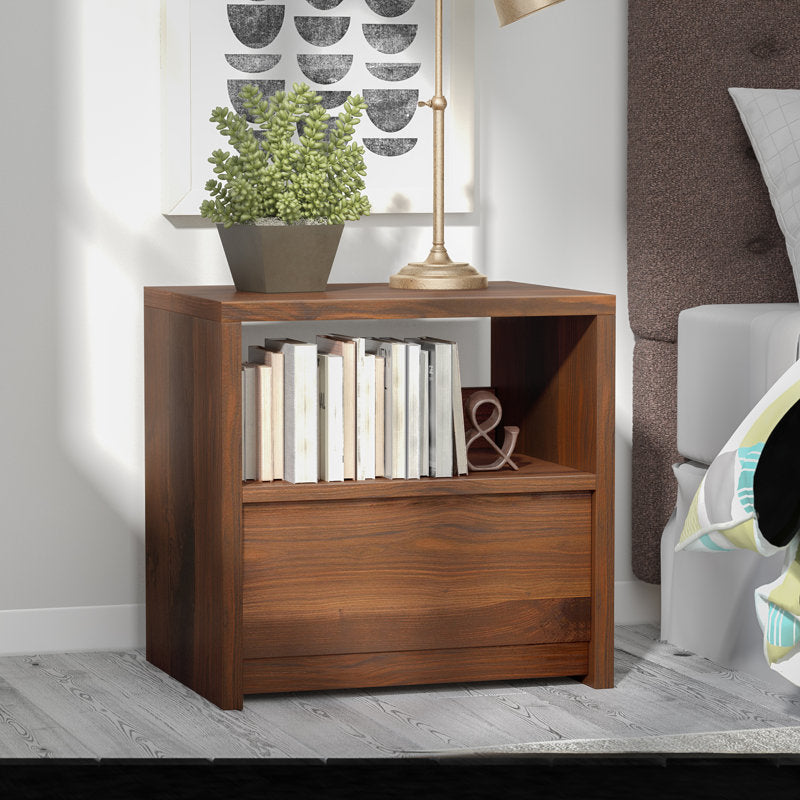 Posner - Modern Walnut Nightstand with Drawer & Open Shelf