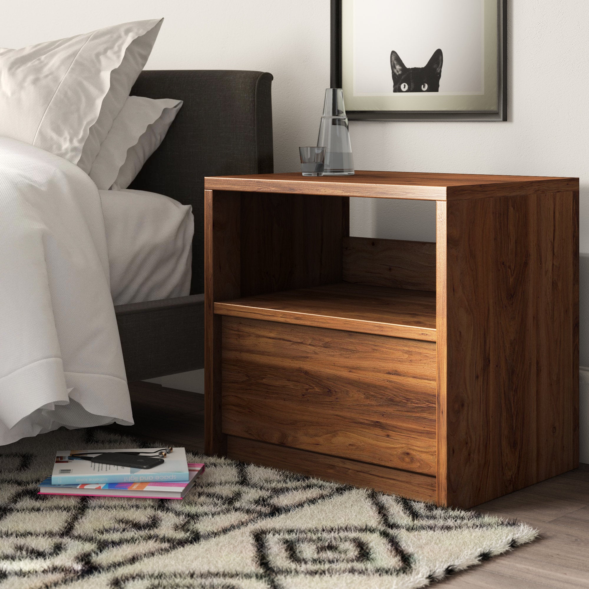 Posner - Modern Walnut Nightstand with Drawer & Open Shelf