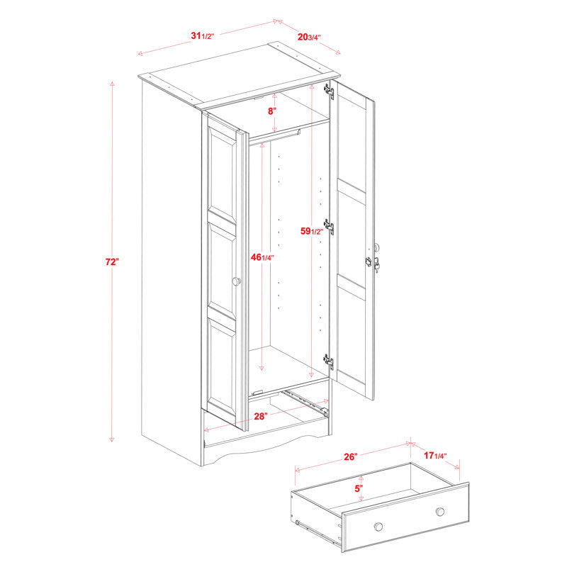 Primm - 2-Door Solid Wood Wardrobe Armoire with Lock for Bedroom