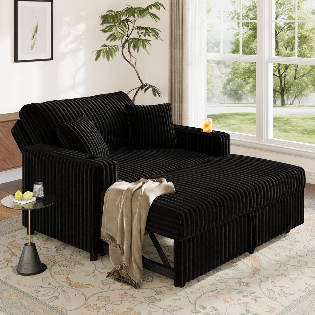 Haven - Pull-Out Sofa Bed with Chaise Lounge Black Corduroy Fabric