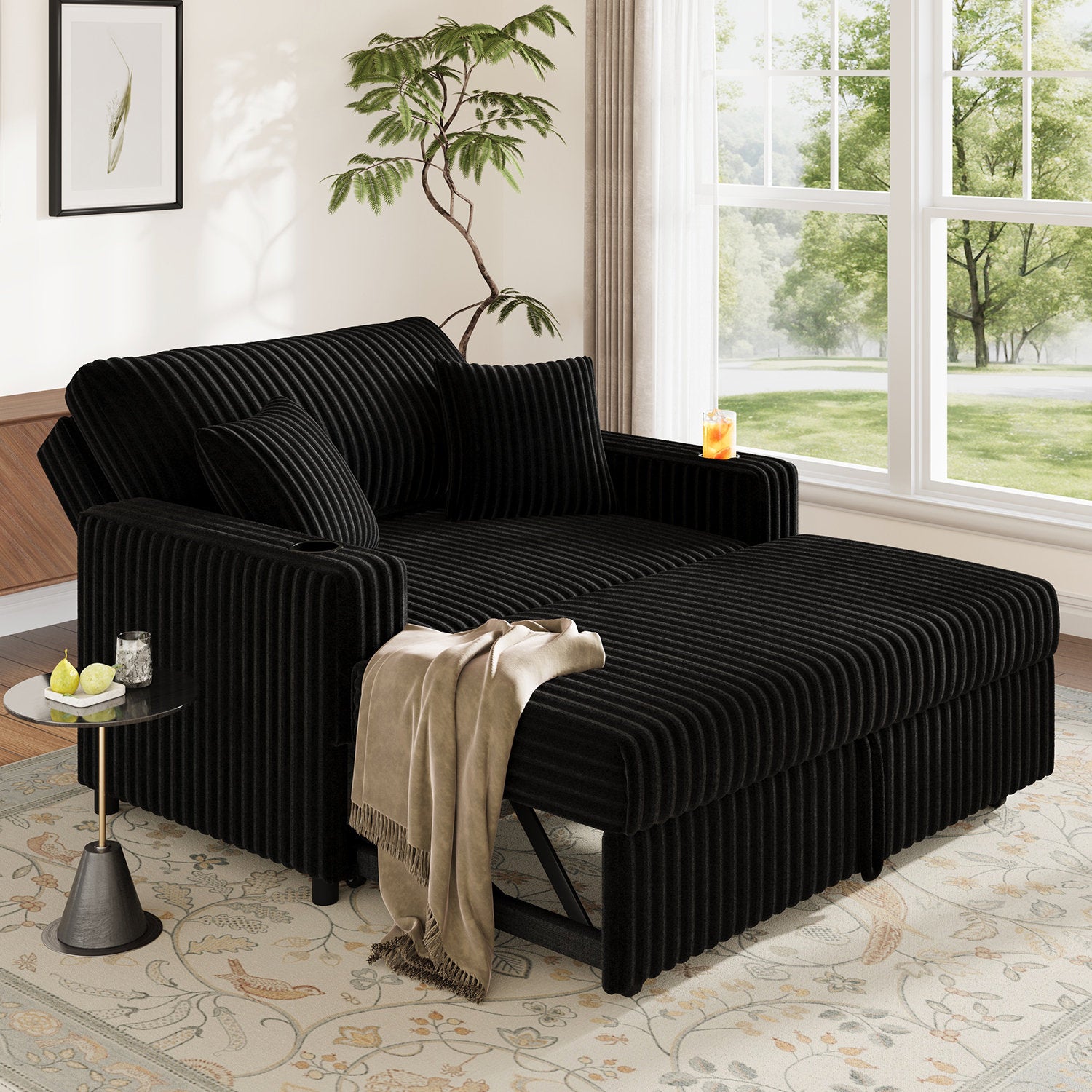 Haven - Pull-Out Sofa Bed with Chaise Lounge Black Corduroy Fabric