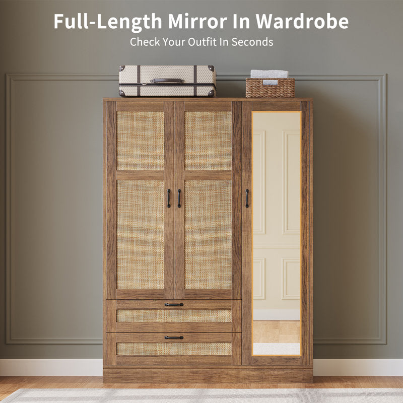 Aurelia - 3-Door Rattan Armoire Wardrobe with Full Length Mirror