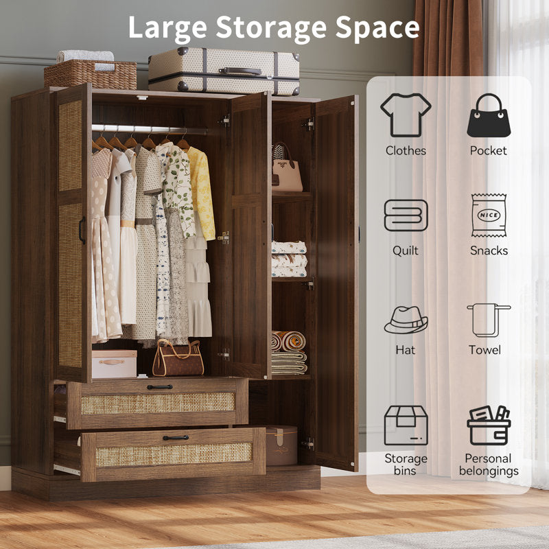 Aurelia - 3-Door Rattan Armoire Wardrobe with Full Length Mirror