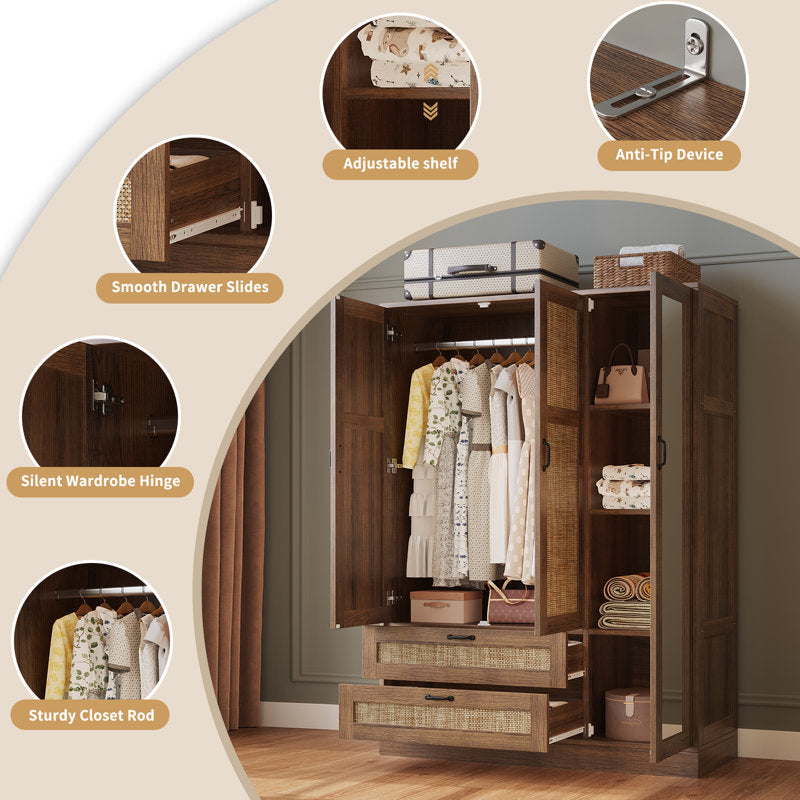 Aurelia - 3-Door Rattan Armoire Wardrobe with Full Length Mirror