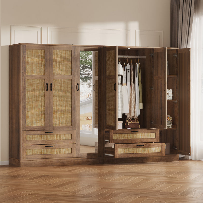 Aurelia - 3-Door Rattan Armoire Wardrobe with Full Length Mirror