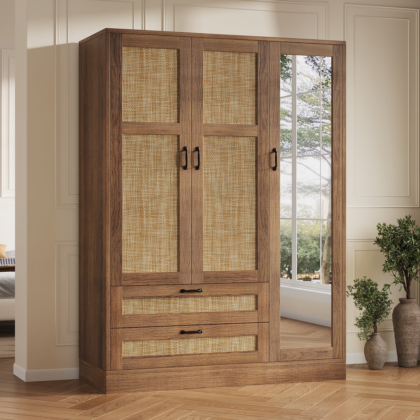 Aurelia - 3-Door Rattan Armoire Wardrobe with Full Length Mirror