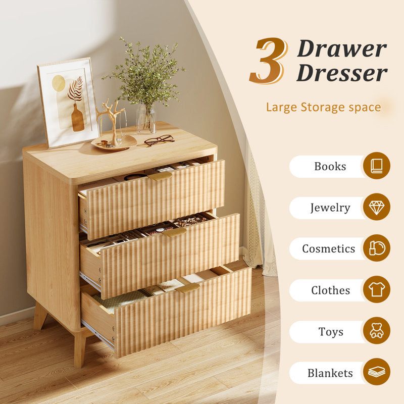 Rhythm - 3-Drawer Wood Nightstand Fluted Modern Bedside Table
