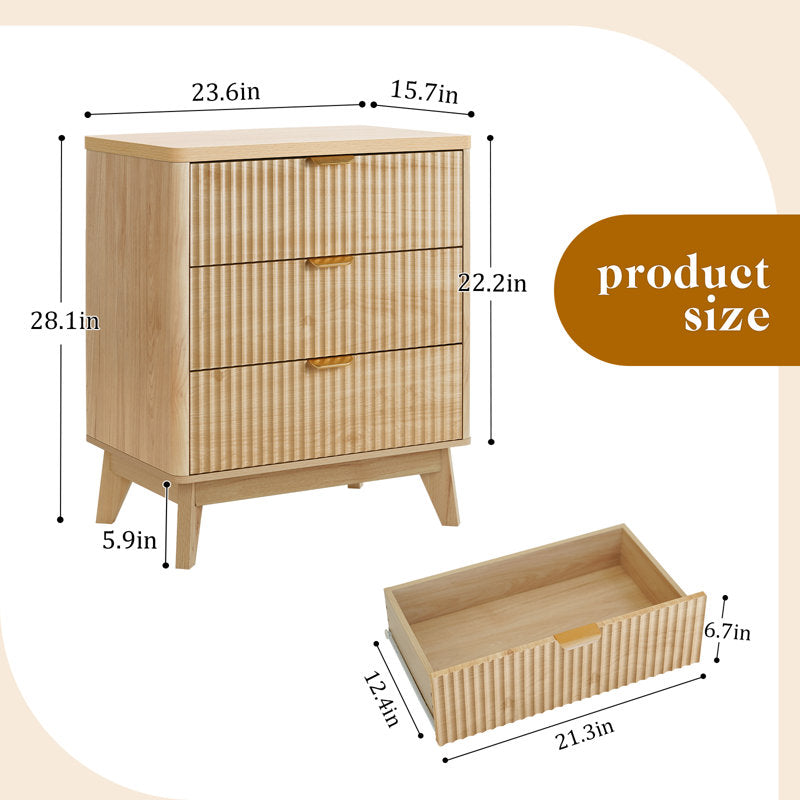 Rhythm - 3-Drawer Wood Nightstand Fluted Modern Bedside Table