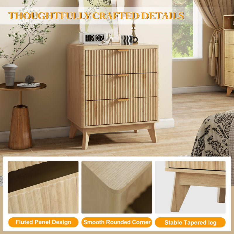 Rhythm - 3-Drawer Wood Nightstand Fluted Modern Bedside Table
