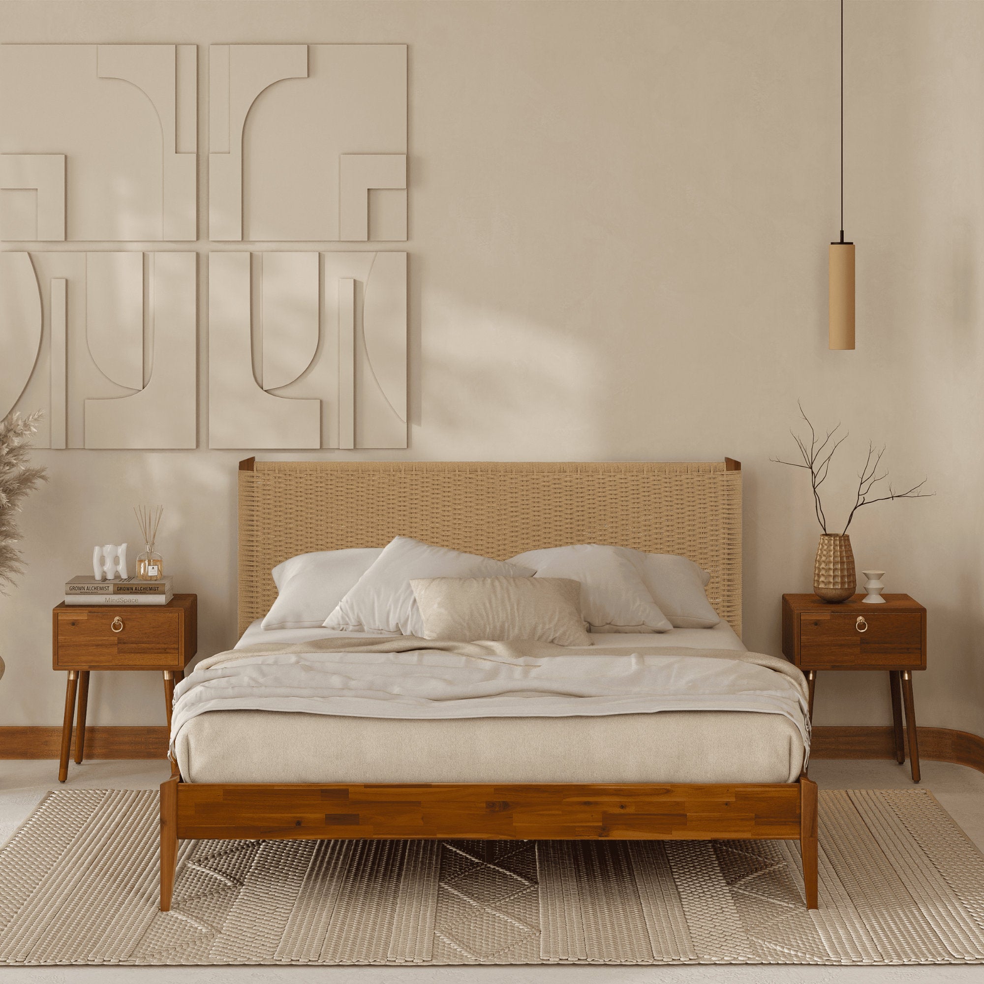 Selina - Solid Wood Platform Bed Bohemian Mid-Century Acacia Frame