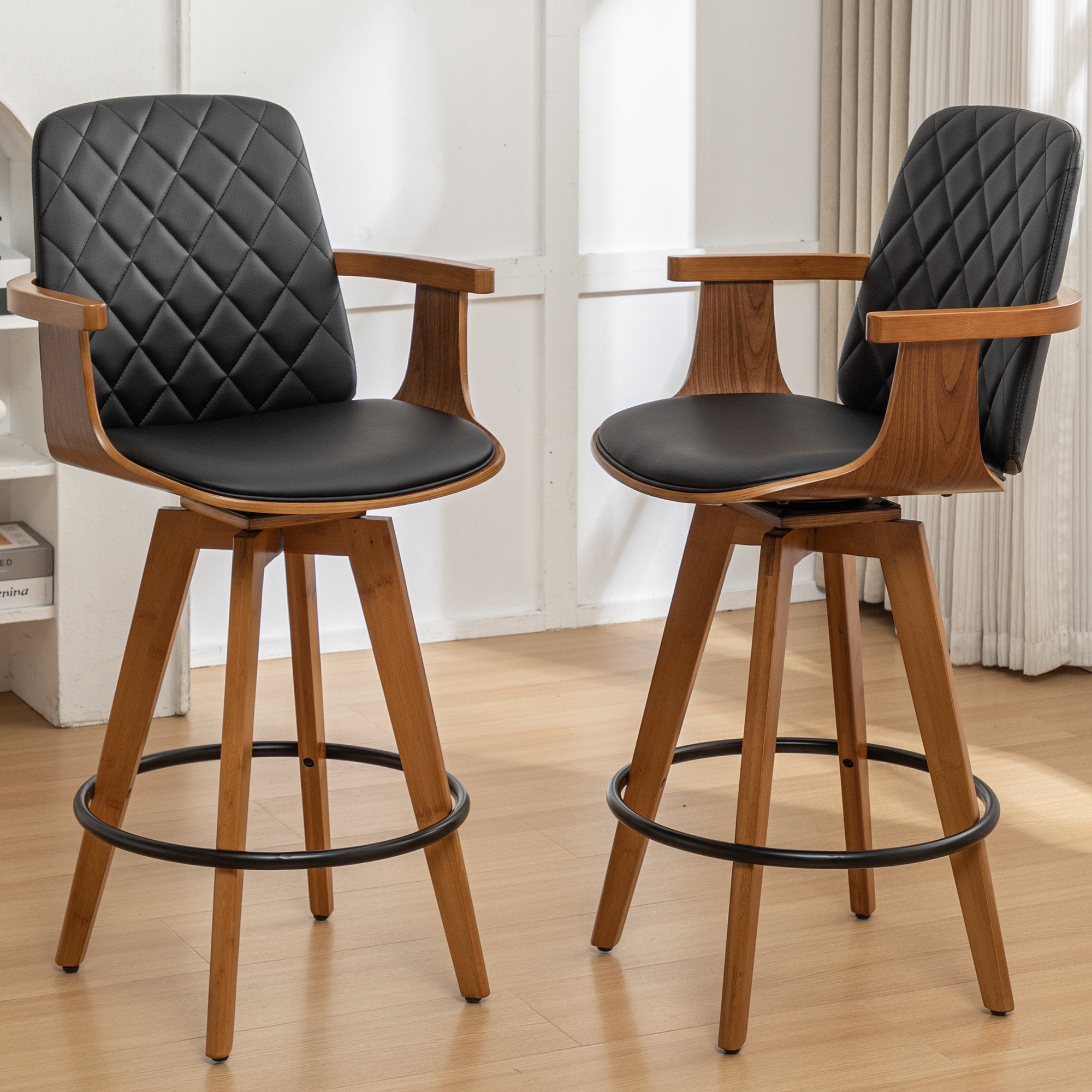 Sitaram Swivel Bar Stools - Set of 2 Mid-Century Faux Leather