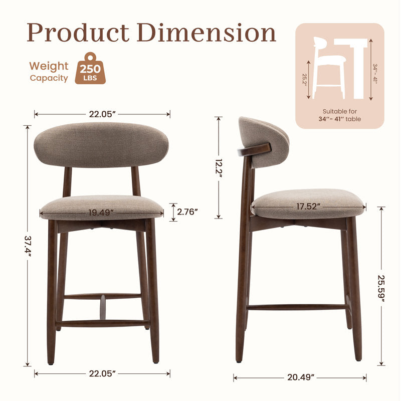 Vannie - Upholstered Counter Stool Set of 2 Solid Wood Kitchen Island