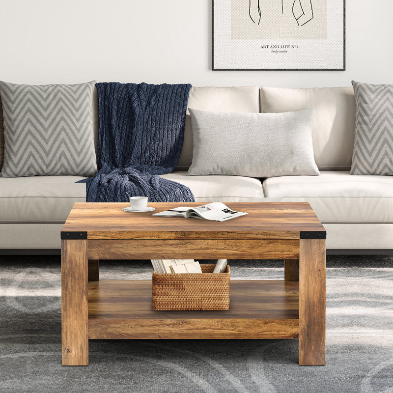 Zara Square Coffee Table - Farmhouse Oak Wood 2-Tier Storage