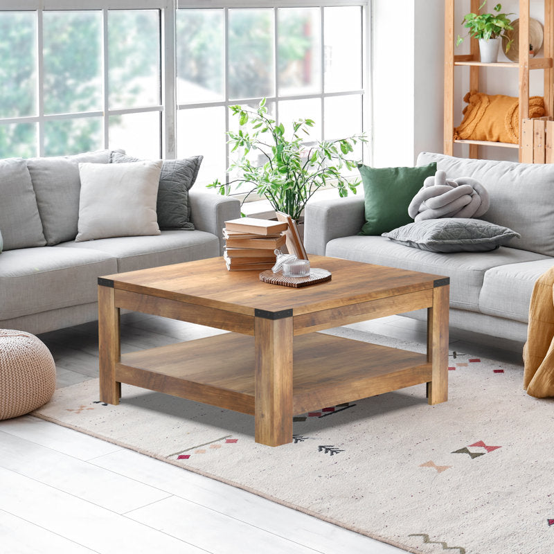 Zara Square Coffee Table - Farmhouse Oak Wood 2-Tier Storage