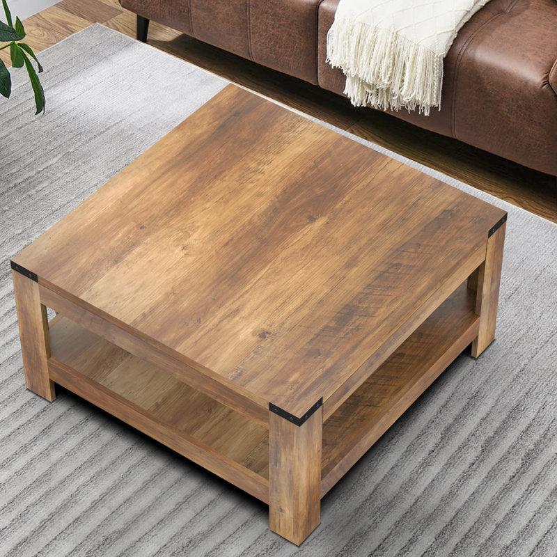 Zara Square Coffee Table - Farmhouse Oak Wood 2-Tier Storage