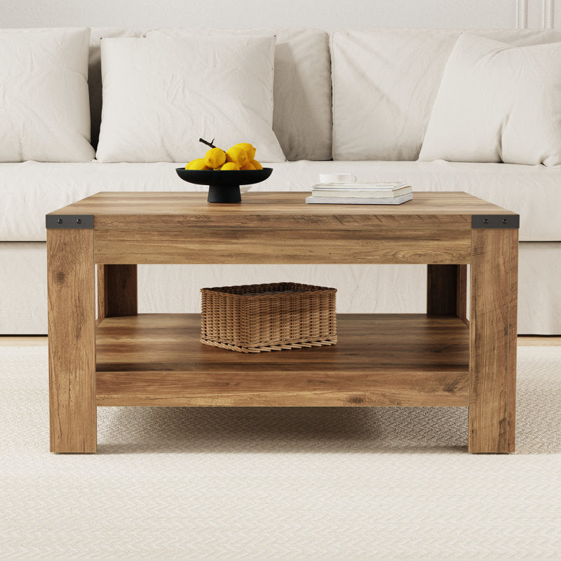 Zara Square Coffee Table - Farmhouse Oak Wood 2-Tier Storage