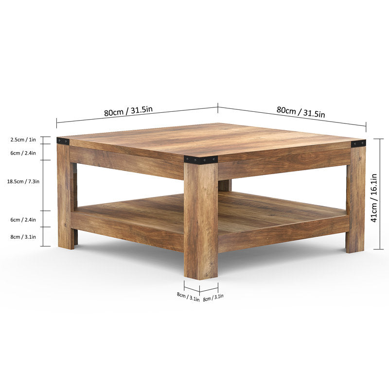 Zara Square Coffee Table - Farmhouse Oak Wood 2-Tier Storage