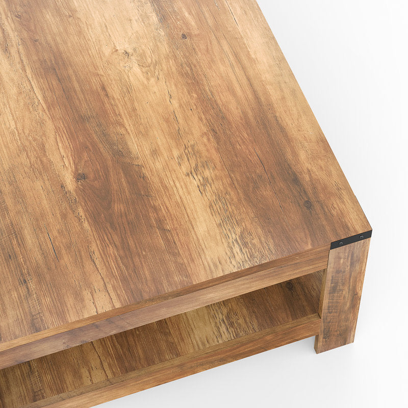 Zara Square Coffee Table - Farmhouse Oak Wood 2-Tier Storage