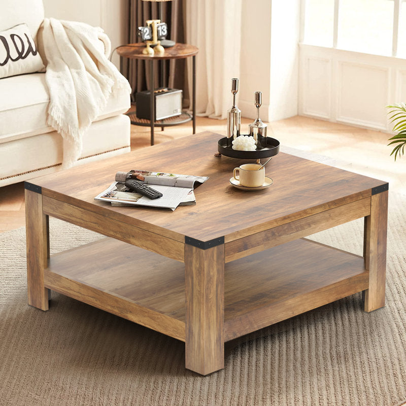 Zara Square Coffee Table - Farmhouse Oak Wood 2-Tier Storage