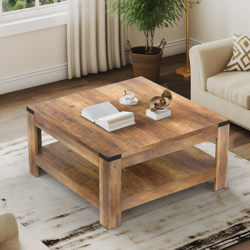 Zara Square Coffee Table - Farmhouse Oak Wood 2-Tier Storage